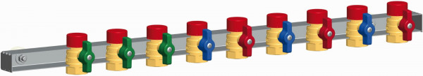 PAW Kugelhahnschiene G3/4", 9-fach 3/4" AG, 3/4" IG 3x grün, 3x blau, 3x rot