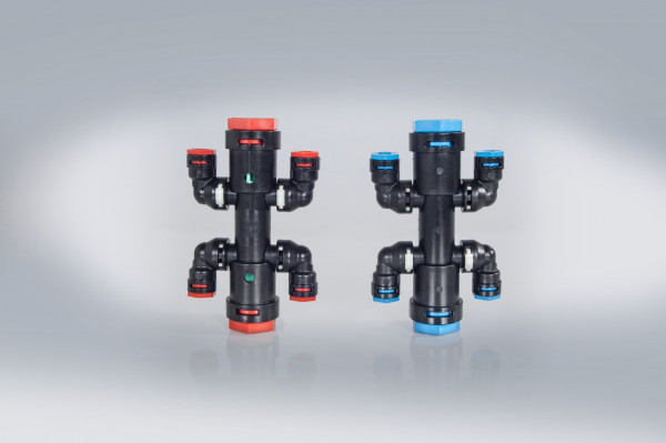 EMPUR Steckfitting H/K Element für Alu-Rohr 20x2,0mm mit 4 Abgängen,8x1,0mm(blau)