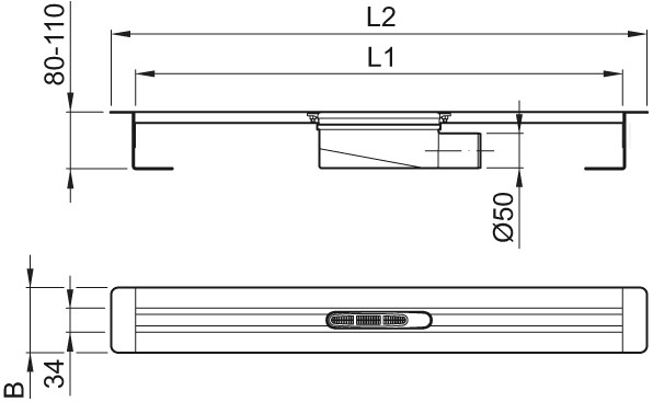 ACO Duschrinne ShowerDrain S DN 50, Einbauhöhe 80 110mm 800mm